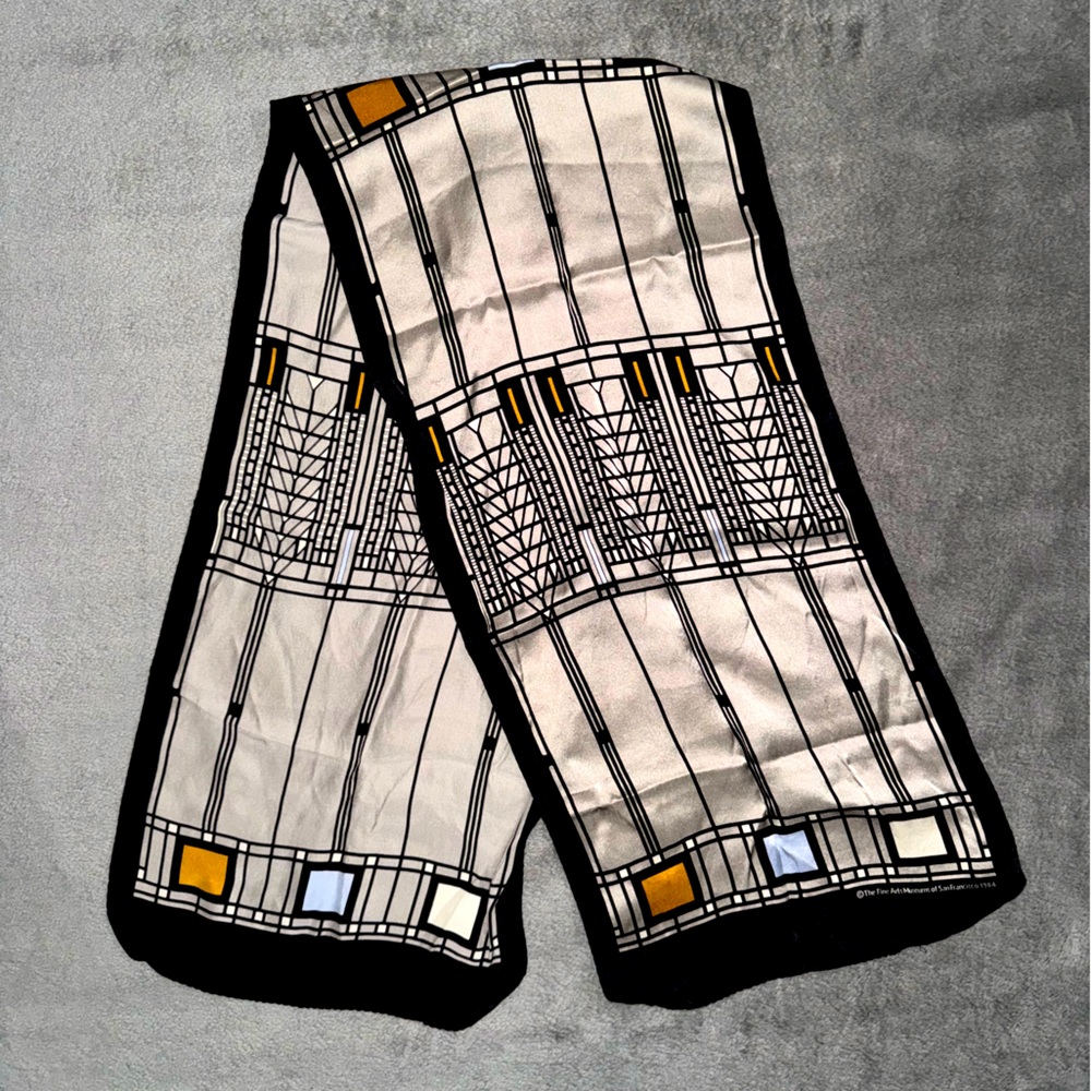 Black and grey oblong silk scarf with caramel and slate blue accents